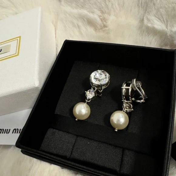 Miu Miu Crystal and Pearl Drop Clip on Earrings - Picture 1 of 7